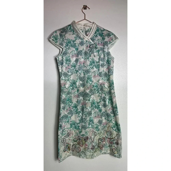 Traditional Chinese Beaded Flower Lace Mesh Embroidery Cheongsam Dress Green XL - Picture 2 of 15